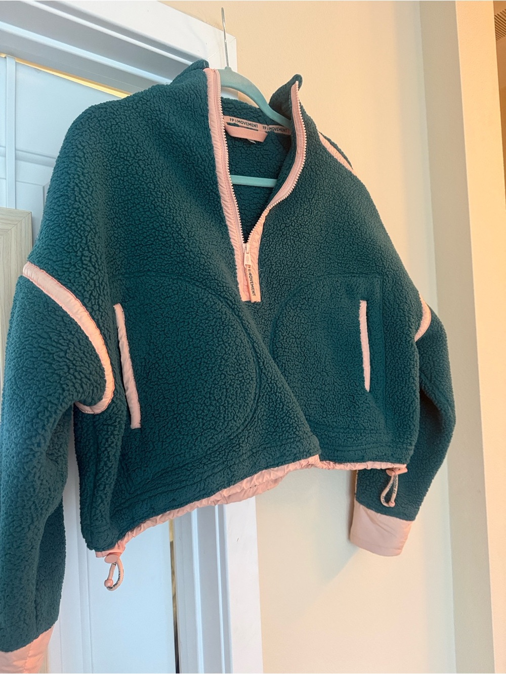 FP Movement by Free People Teal Sherpa Puffer Jacket with Pink Trim
